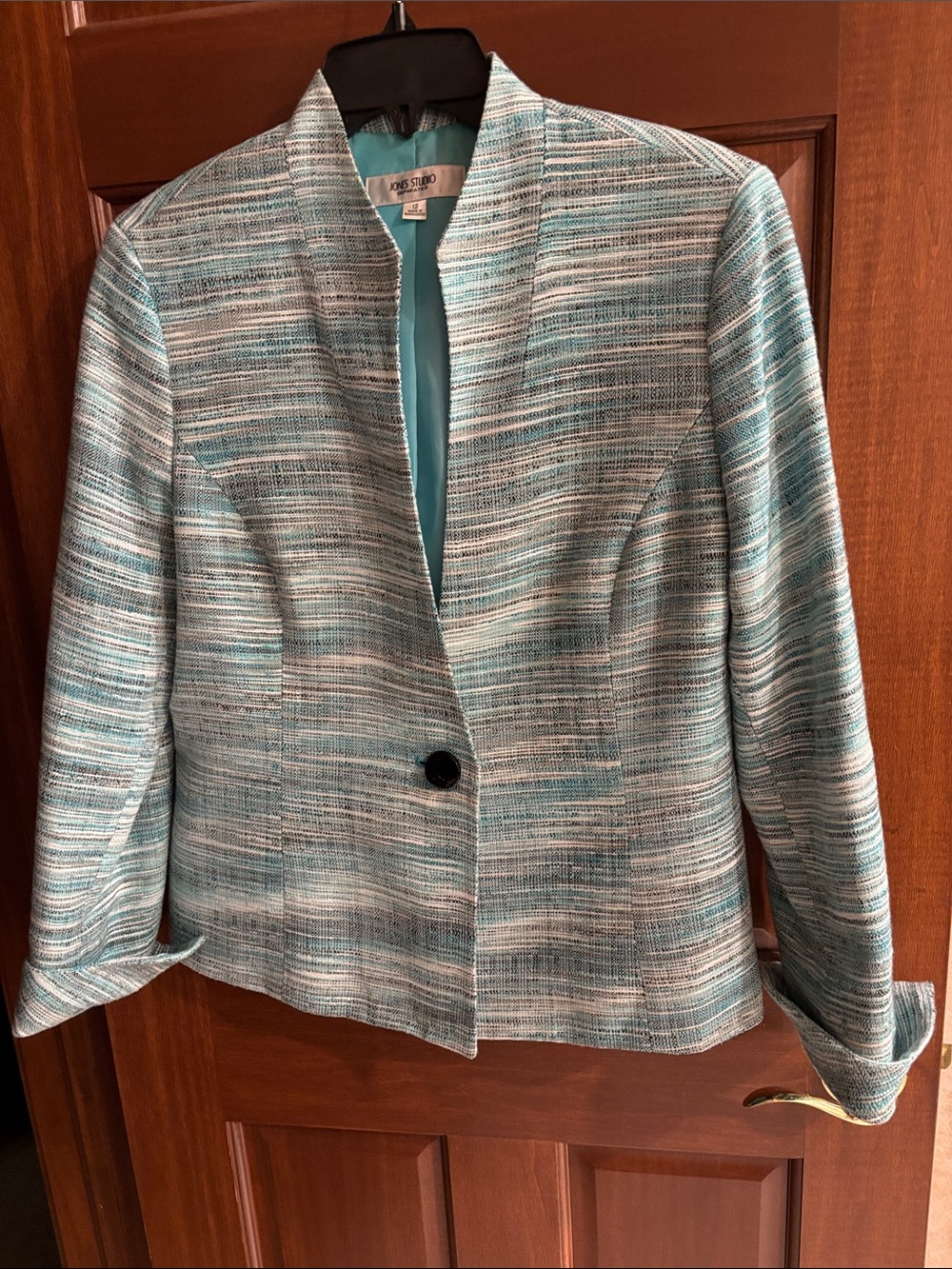 Jones New York Teal and White Striped Open-Collar Blazer